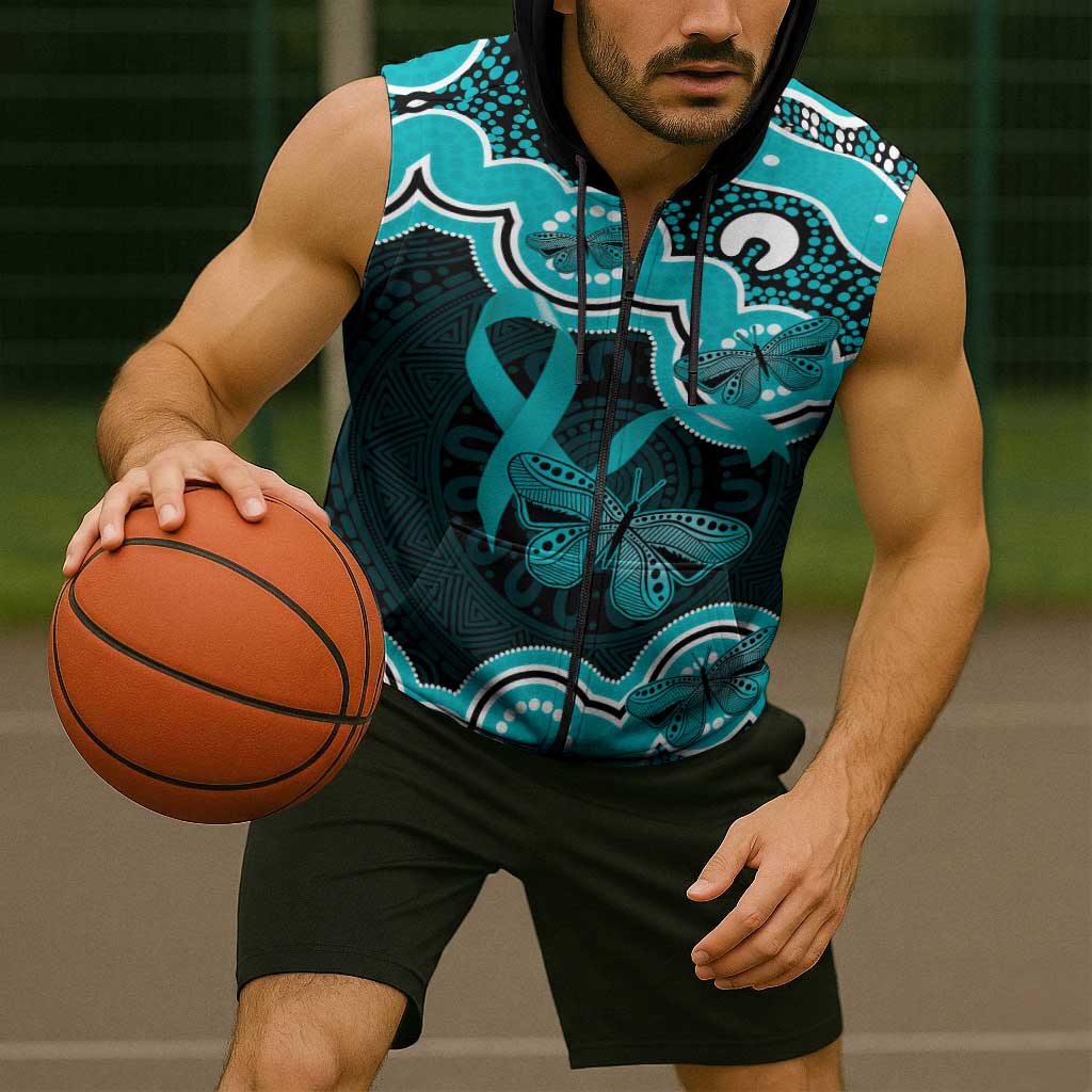 Cyan Ribbon PTSD Awareness Month Sleeveless Zip Hoodie Aboriginal Art LT14