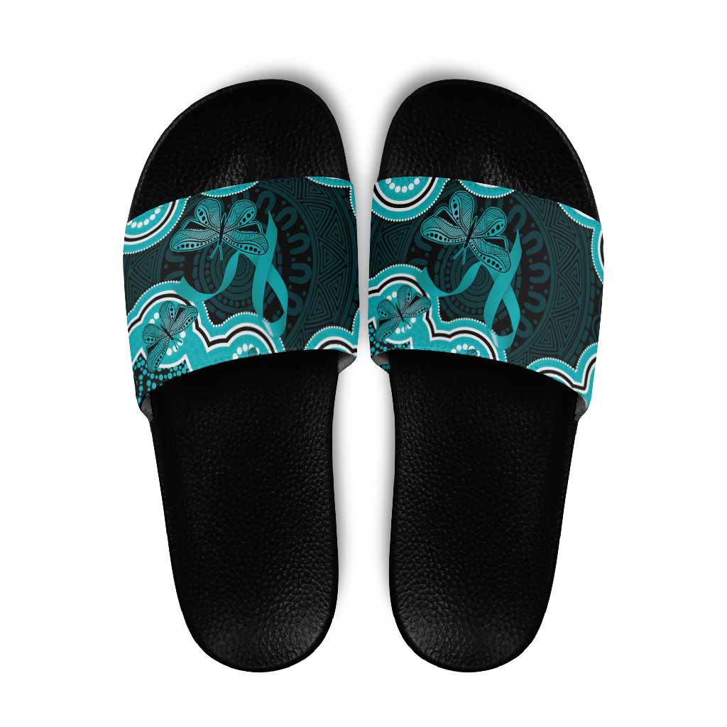 Cyan Ribbon PTSD Awareness Month Slide Sandals Aboriginal Art - Aussie Hoodie