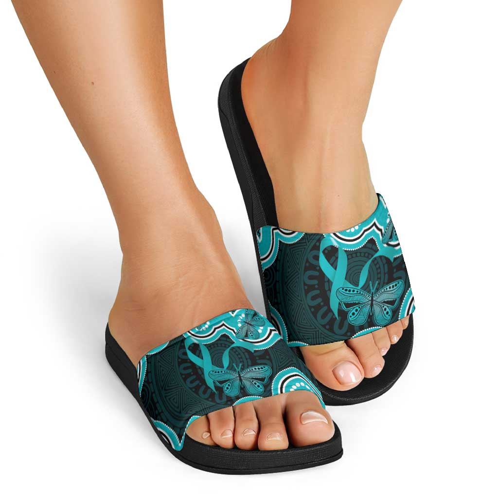 Cyan Ribbon PTSD Awareness Month Slide Sandals Aboriginal Art - Aussie Hoodie