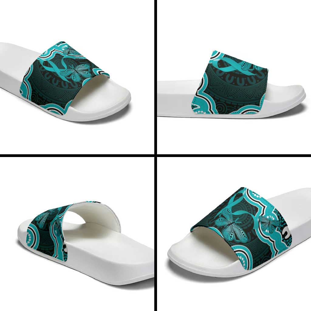 Cyan Ribbon PTSD Awareness Month Slide Sandals Aboriginal Art - Aussie Hoodie