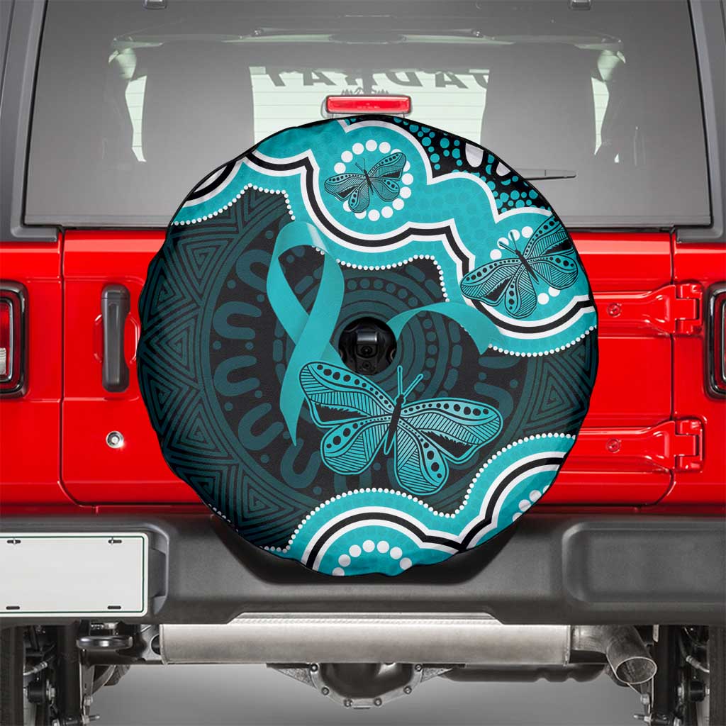Cyan Ribbon PTSD Awareness Month Spare Tire Cover Aboriginal Art - Aussie Hoodie