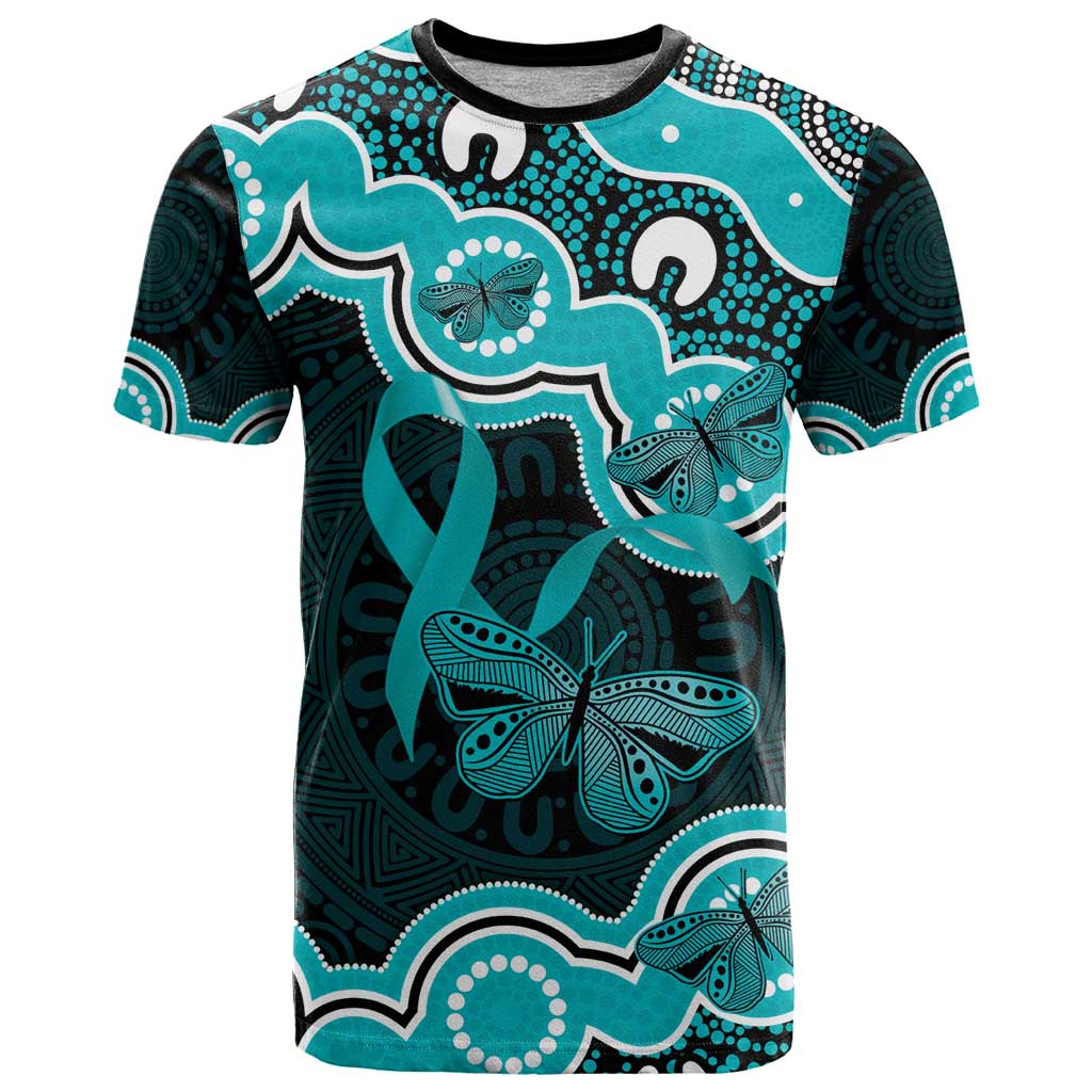 Cyan Ribbon PTSD Awareness Month T Shirt Aboriginal Art - Aussie Hoodie