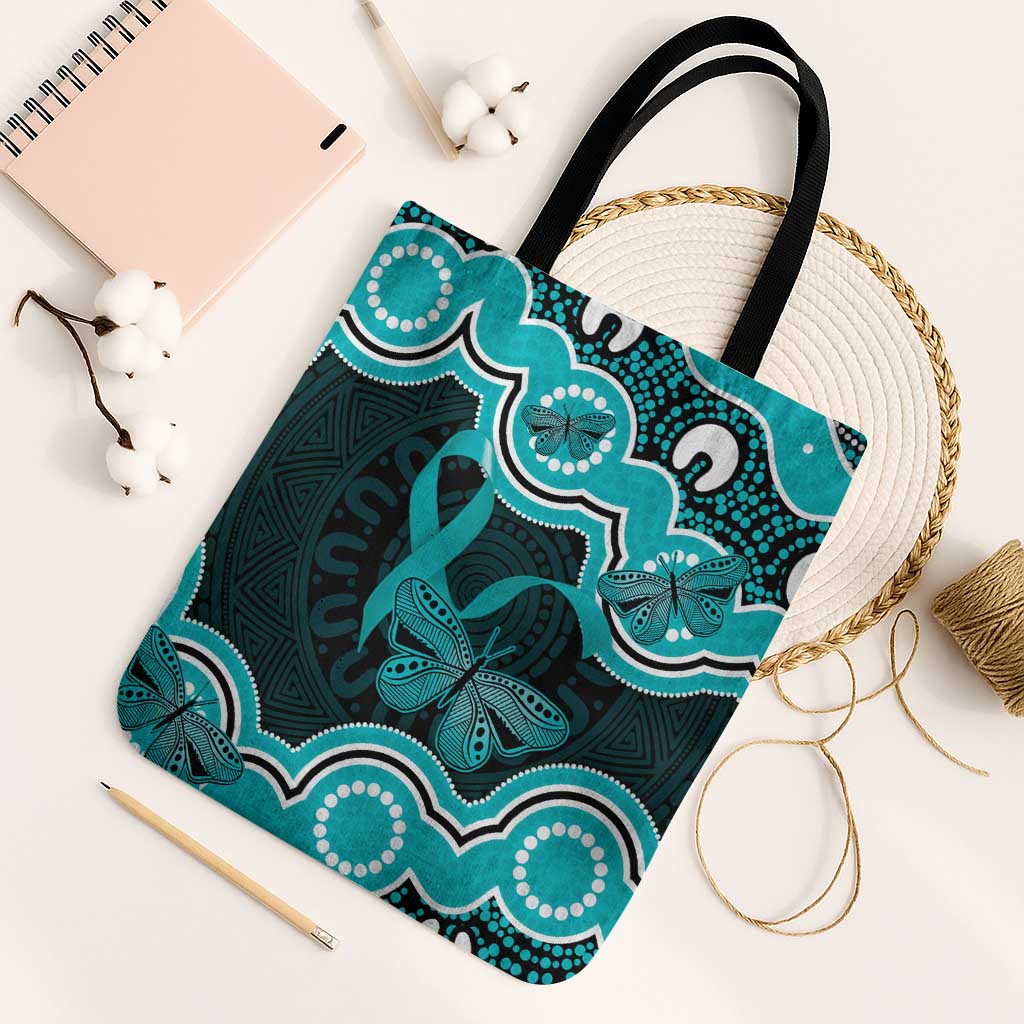 Cyan Ribbon PTSD Awareness Month Tote Bag Aboriginal Art - Aussie Hoodie