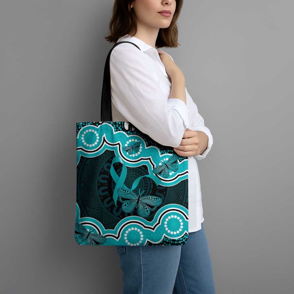Cyan Ribbon PTSD Awareness Month Tote Bag Aboriginal Art - Aussie Hoodie
