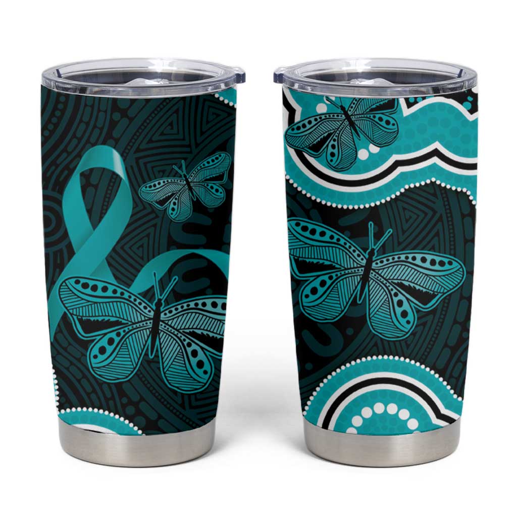 Cyan Ribbon PTSD Awareness Month Tumbler Cup Aboriginal Art - Aussie Hoodie