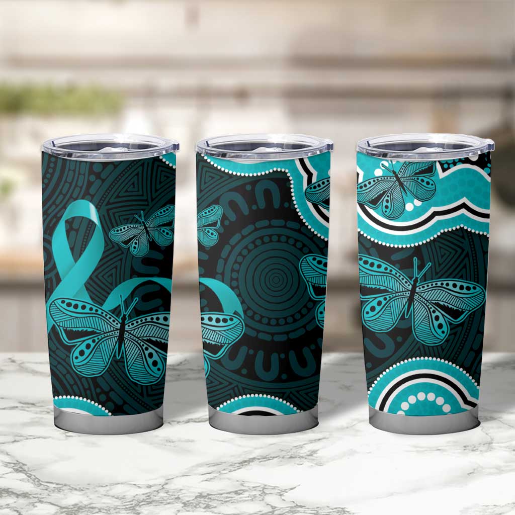 Cyan Ribbon PTSD Awareness Month Tumbler Cup Aboriginal Art - Aussie Hoodie