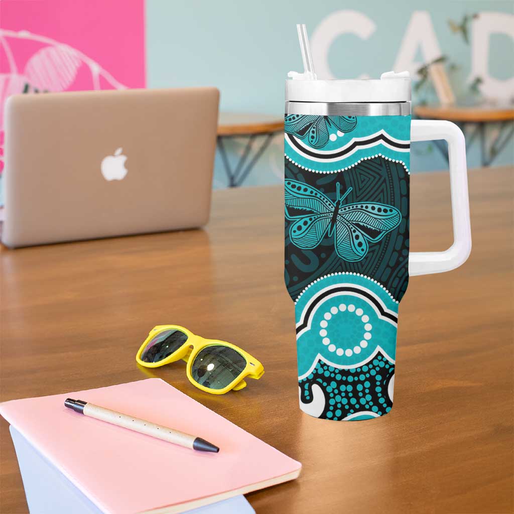 Cyan Ribbon PTSD Awareness Month Tumbler With Handle Aboriginal Art - Aussie Hoodie