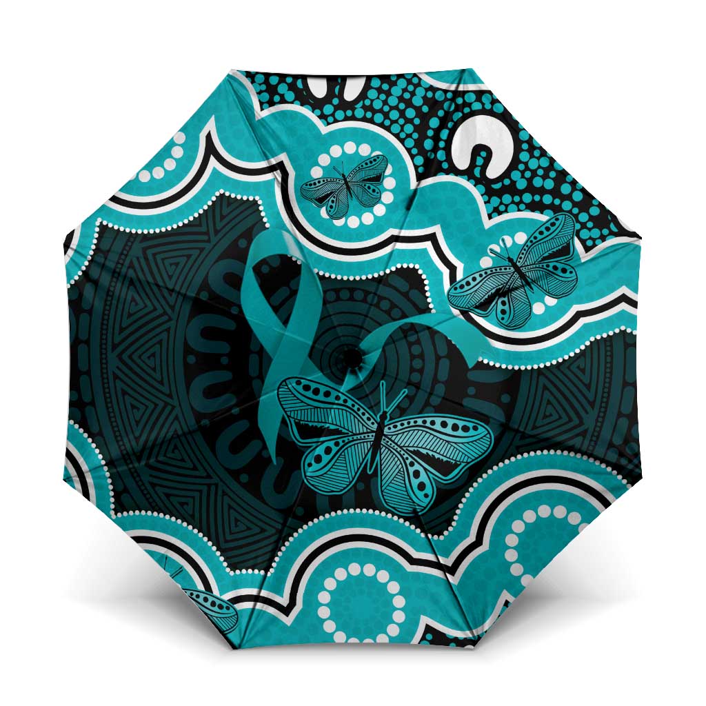 Cyan Ribbon PTSD Awareness Month Umbrella Aboriginal Art - Aussie Hoodie