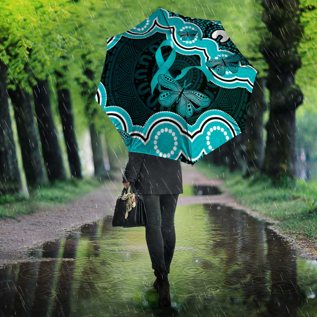 Cyan Ribbon PTSD Awareness Month Umbrella Aboriginal Art - Aussie Hoodie