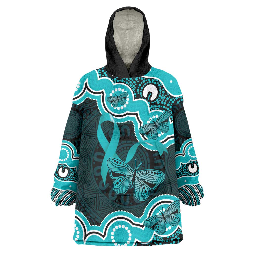 Cyan Ribbon PTSD Awareness Month Wearable Blanket Hoodie Aboriginal Art - Aussie Hoodie