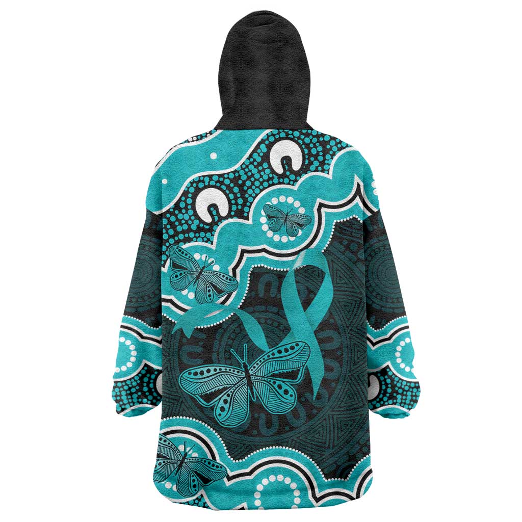 Cyan Ribbon PTSD Awareness Month Wearable Blanket Hoodie Aboriginal Art - Aussie Hoodie
