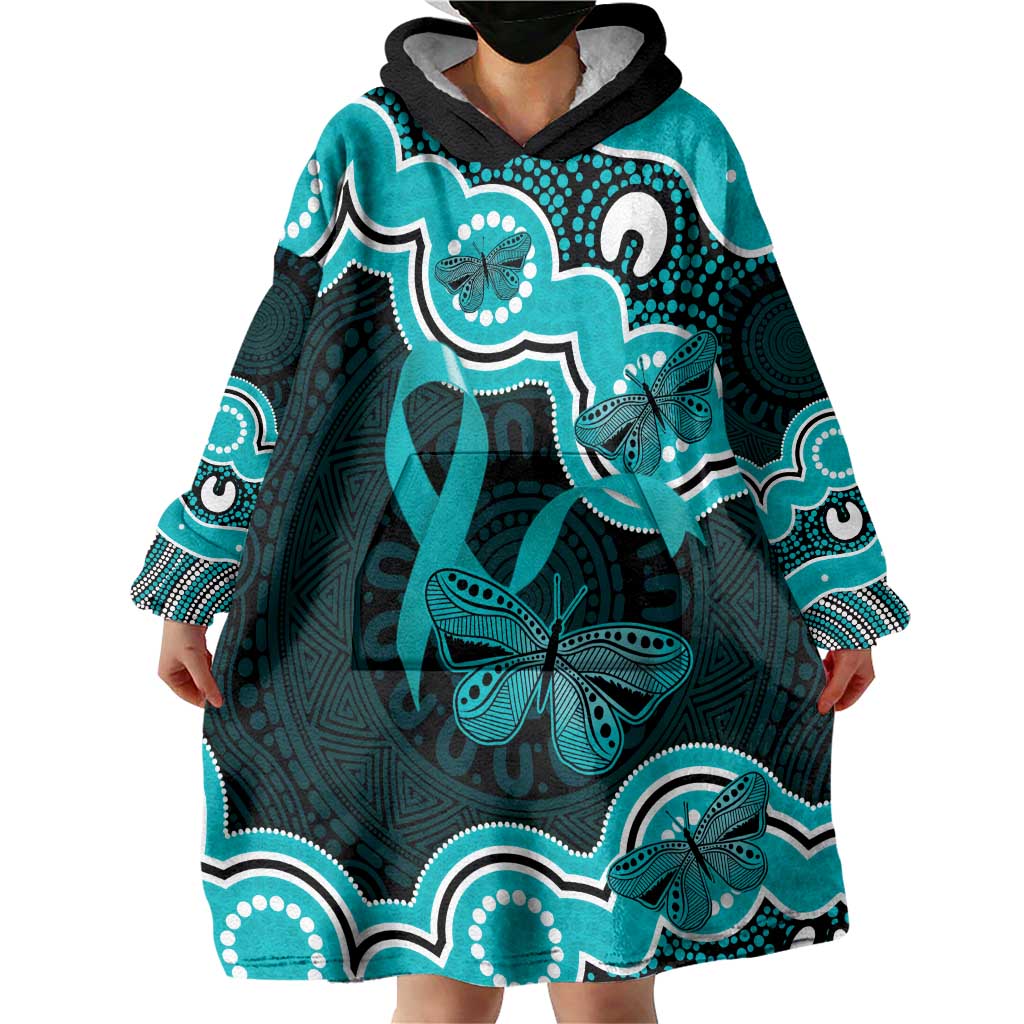 Cyan Ribbon PTSD Awareness Month Wearable Blanket Hoodie Aboriginal Art - Aussie Hoodie