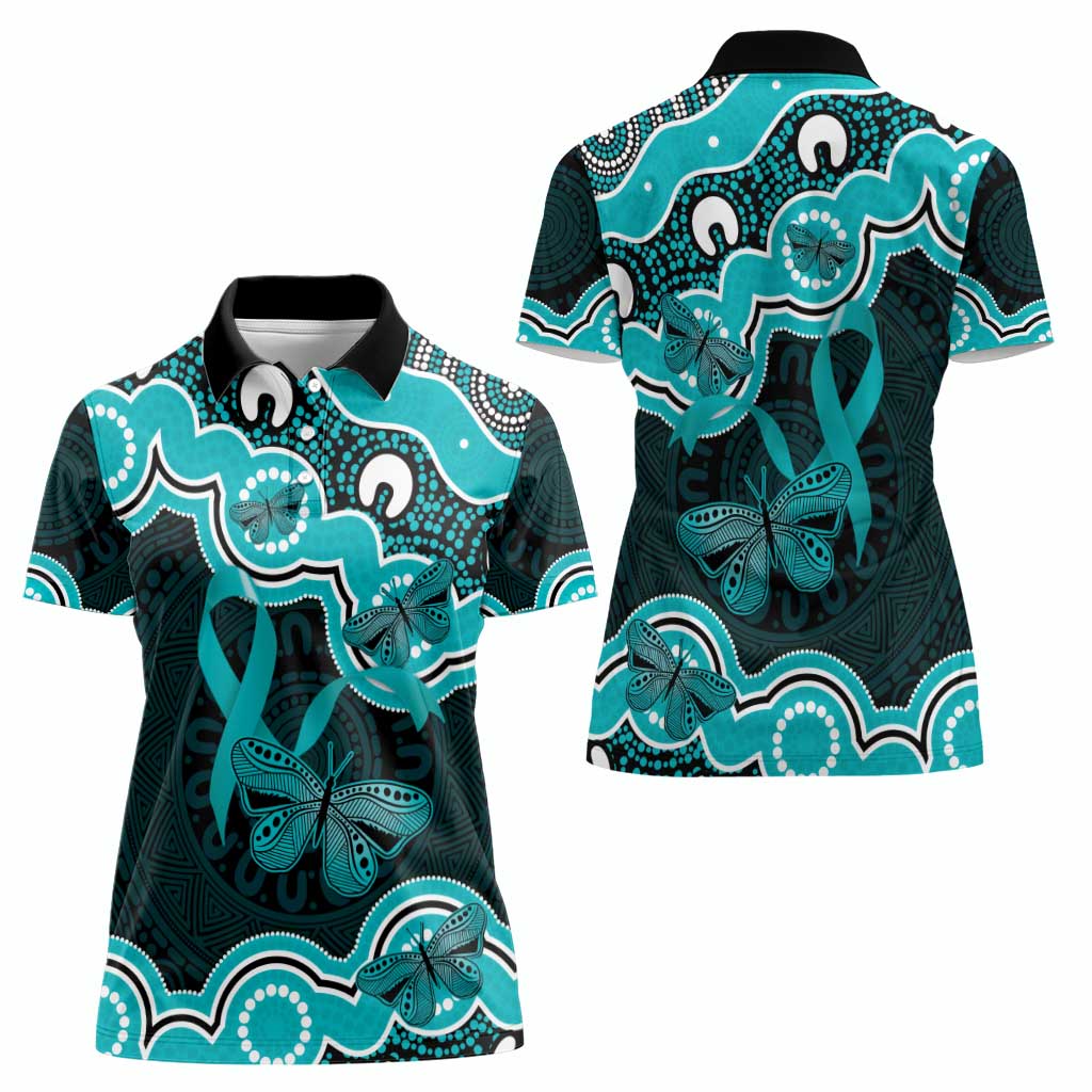 Cyan Ribbon PTSD Awareness Month Women Polo Shirt Aboriginal Art - Aussie Hoodie