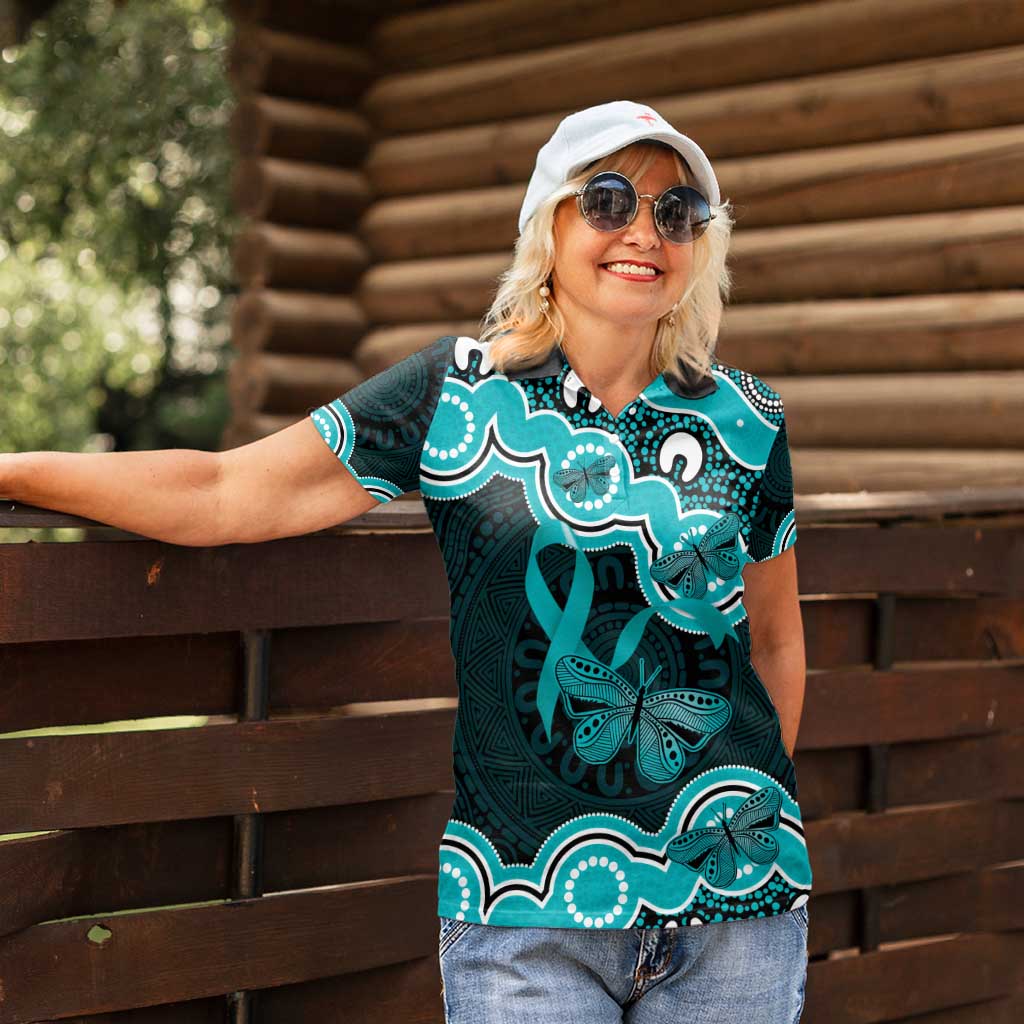 Cyan Ribbon PTSD Awareness Month Women Polo Shirt Aboriginal Art - Aussie Hoodie