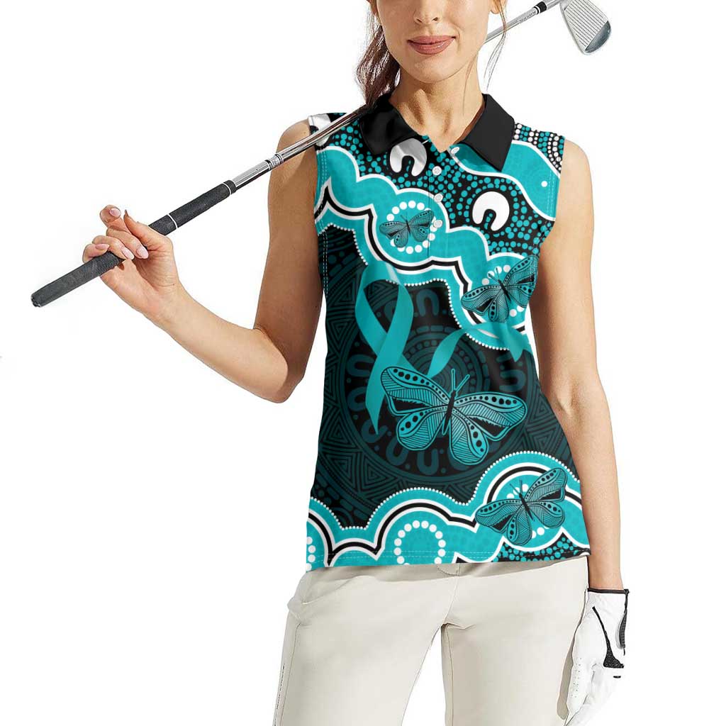 Cyan Ribbon PTSD Awareness Month Women Sleeveless Polo Shirt Aboriginal Art - Aussie Hoodie