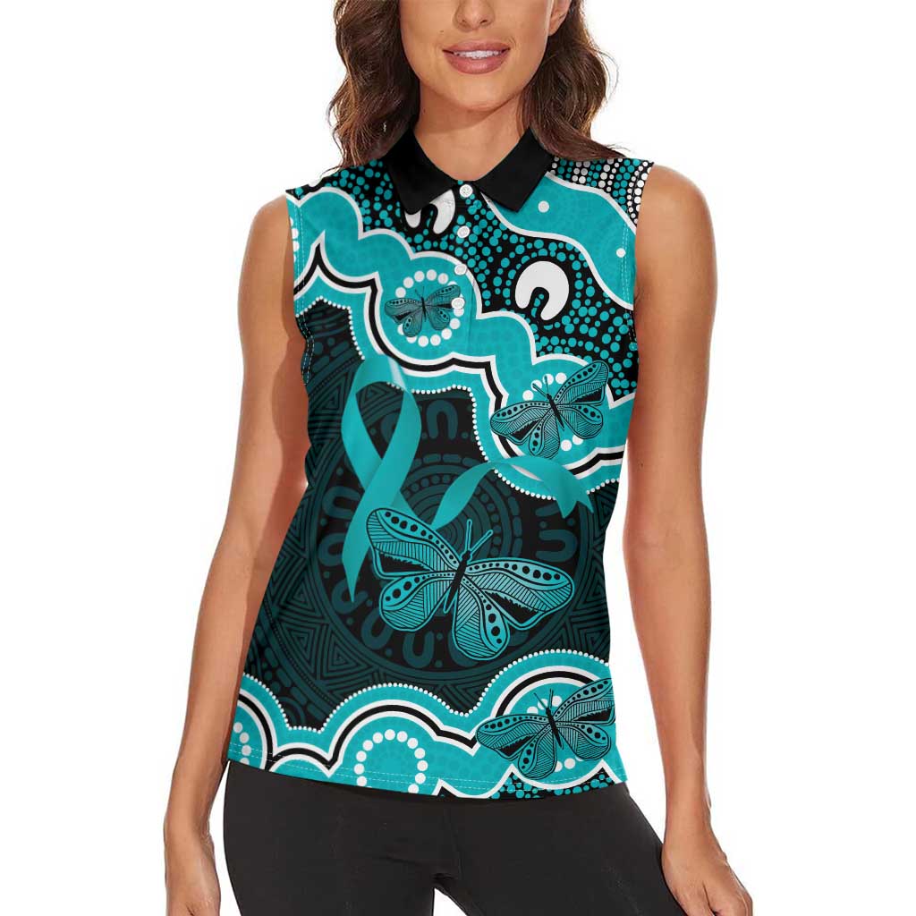 Cyan Ribbon PTSD Awareness Month Women Sleeveless Polo Shirt Aboriginal Art - Aussie Hoodie