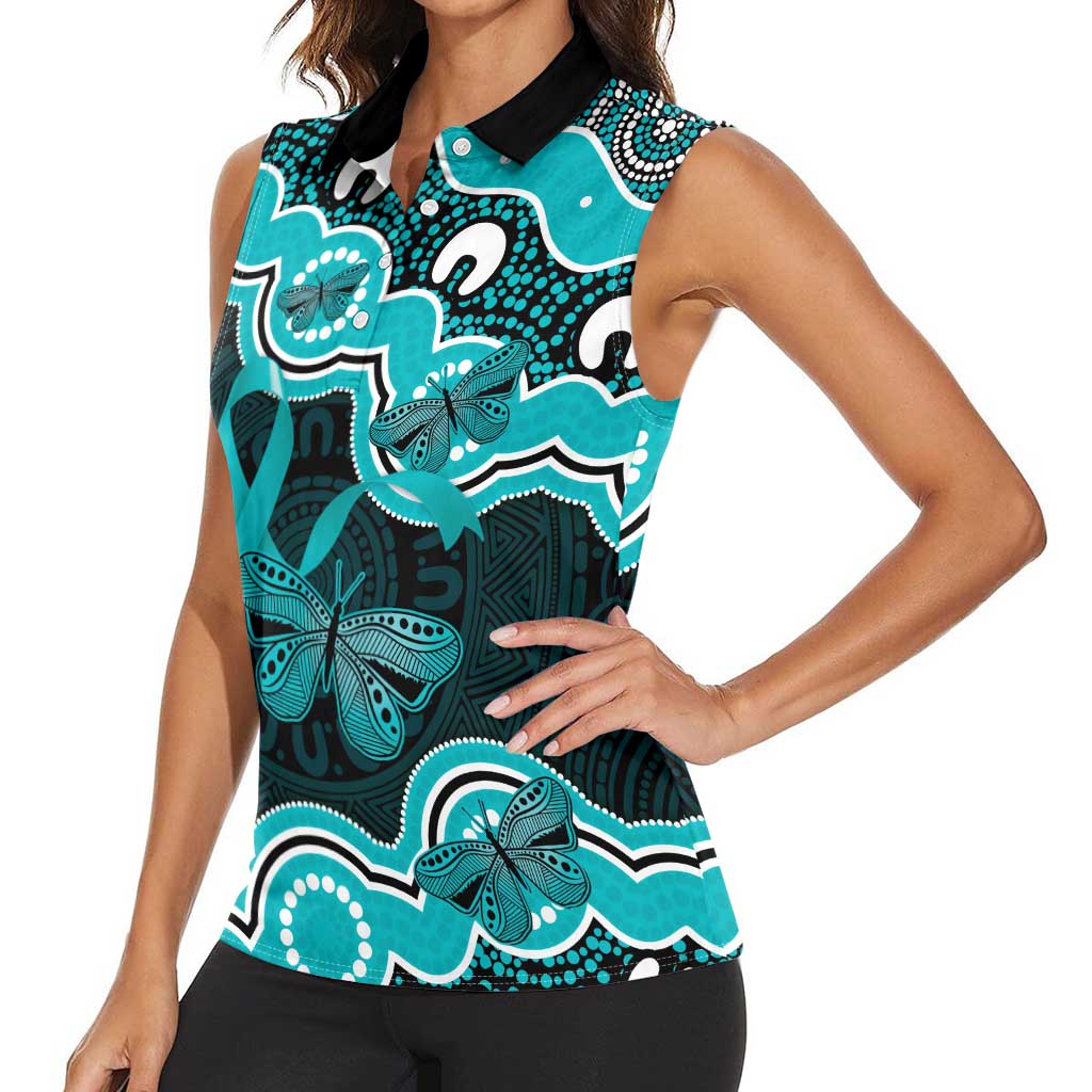 Cyan Ribbon PTSD Awareness Month Women Sleeveless Polo Shirt Aboriginal Art - Aussie Hoodie