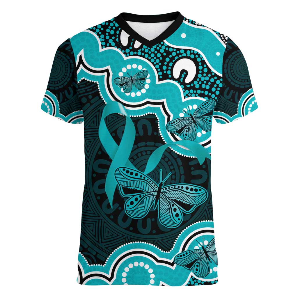 Cyan Ribbon PTSD Awareness Month Women V-Neck T-Shirt Aboriginal Art - Aussie Hoodie