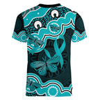 Cyan Ribbon PTSD Awareness Month Women V-Neck T-Shirt Aboriginal Art - Aussie Hoodie
