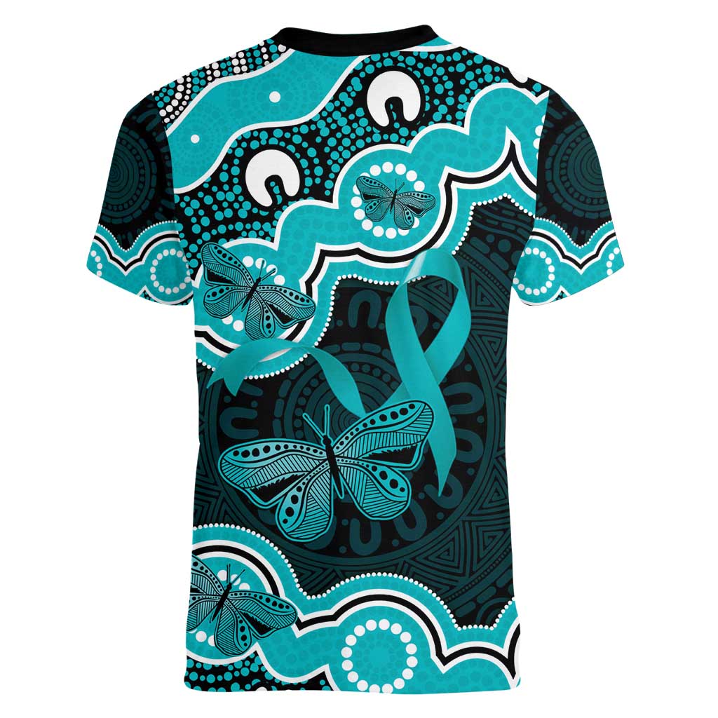 Cyan Ribbon PTSD Awareness Month Women V-Neck T-Shirt Aboriginal Art - Aussie Hoodie