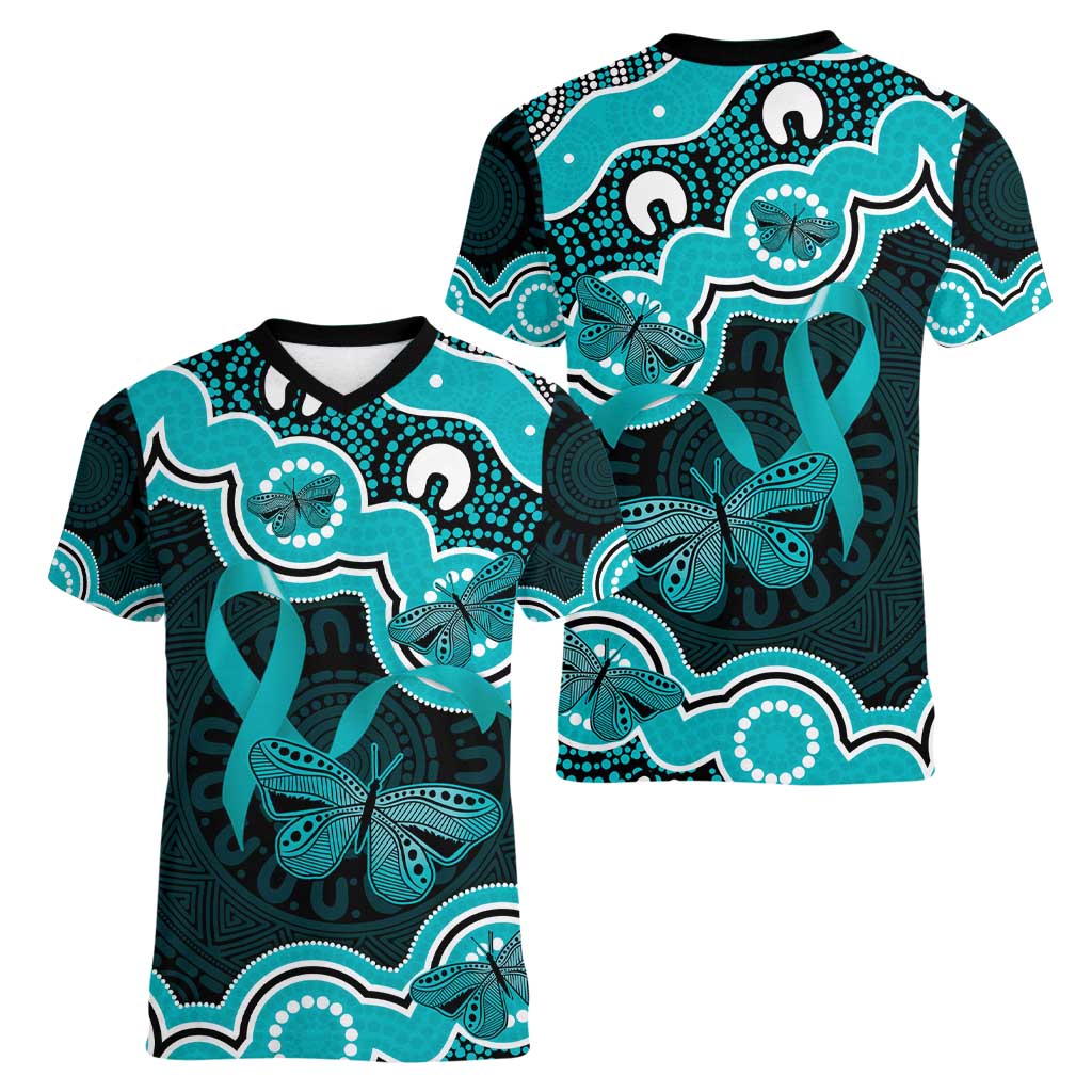 Cyan Ribbon PTSD Awareness Month Women V-Neck T-Shirt Aboriginal Art - Aussie Hoodie
