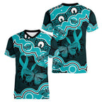 Cyan Ribbon PTSD Awareness Month Women V-Neck T-Shirt Aboriginal Art - Aussie Hoodie