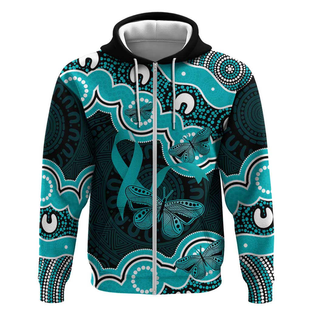 Cyan Ribbon PTSD Awareness Month Zip Hoodie Aboriginal Art - Aussie Hoodie