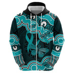 Cyan Ribbon PTSD Awareness Month Zip Hoodie Aboriginal Art - Aussie Hoodie