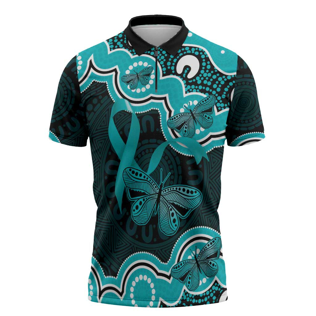 Cyan Ribbon PTSD Awareness Month Zipper Polo Shirt Aboriginal Art - Aussie Hoodie