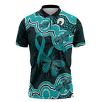 Cyan Ribbon PTSD Awareness Month Zipper Polo Shirt Aboriginal Art - Aussie Hoodie