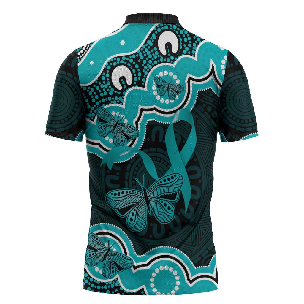 Cyan Ribbon PTSD Awareness Month Zipper Polo Shirt Aboriginal Art - Aussie Hoodie