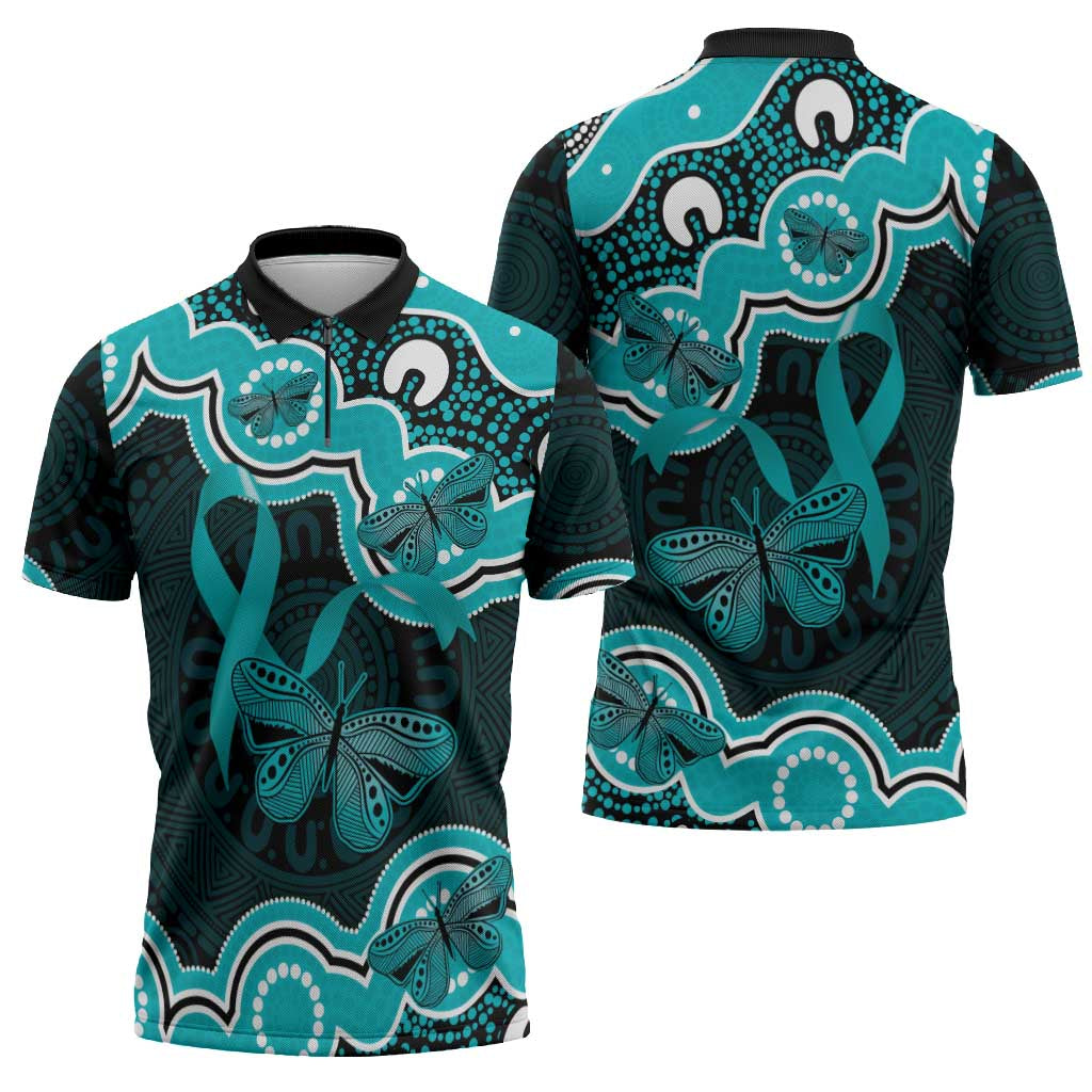Cyan Ribbon PTSD Awareness Month Zipper Polo Shirt Aboriginal Art - Aussie Hoodie