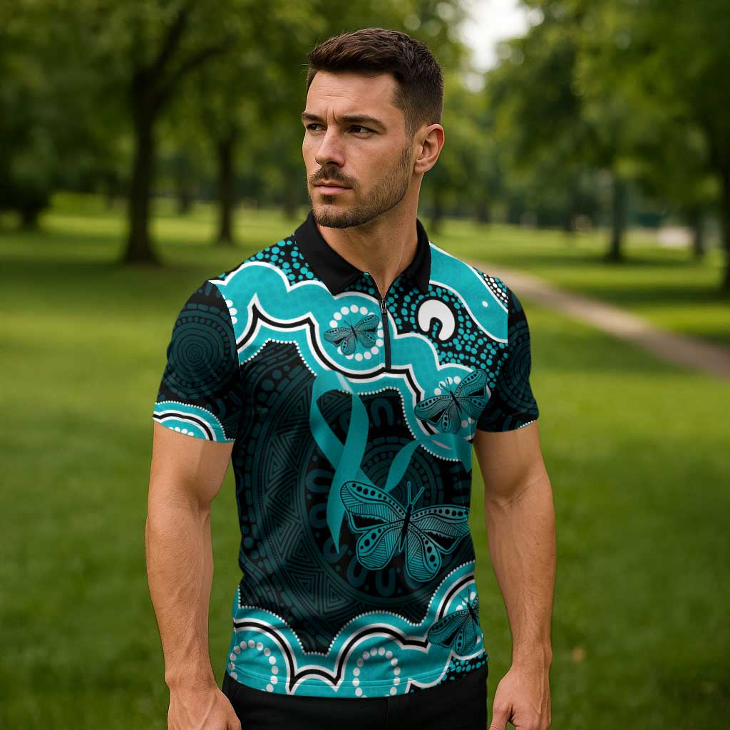 Cyan Ribbon PTSD Awareness Month Zipper Polo Shirt Aboriginal Art - Aussie Hoodie