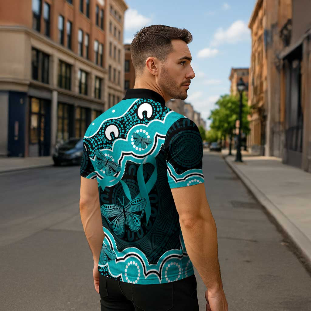 Cyan Ribbon PTSD Awareness Month Zipper Polo Shirt Aboriginal Art - Aussie Hoodie