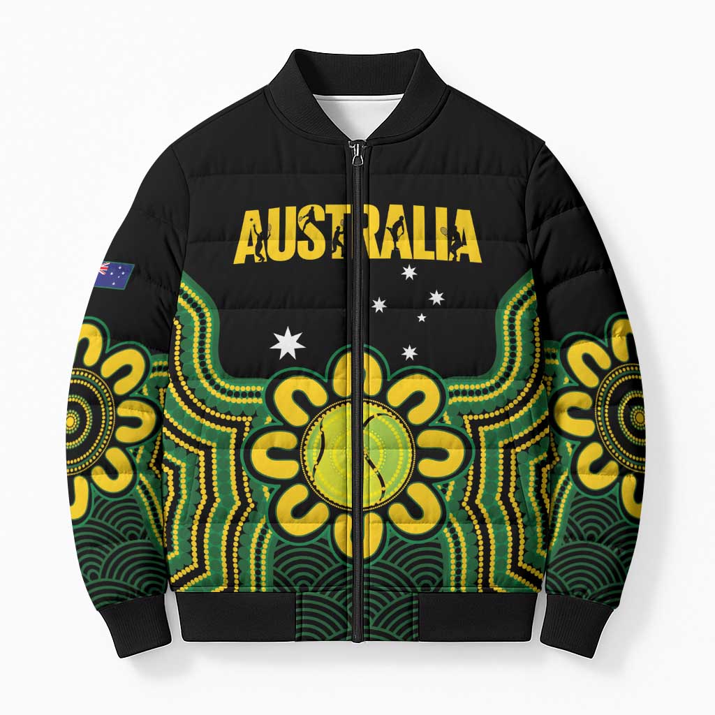 Personalised Australia Tennis Bomber Puffer Jacket Go Aussie Aboriginal Art - Aussie Hoodie