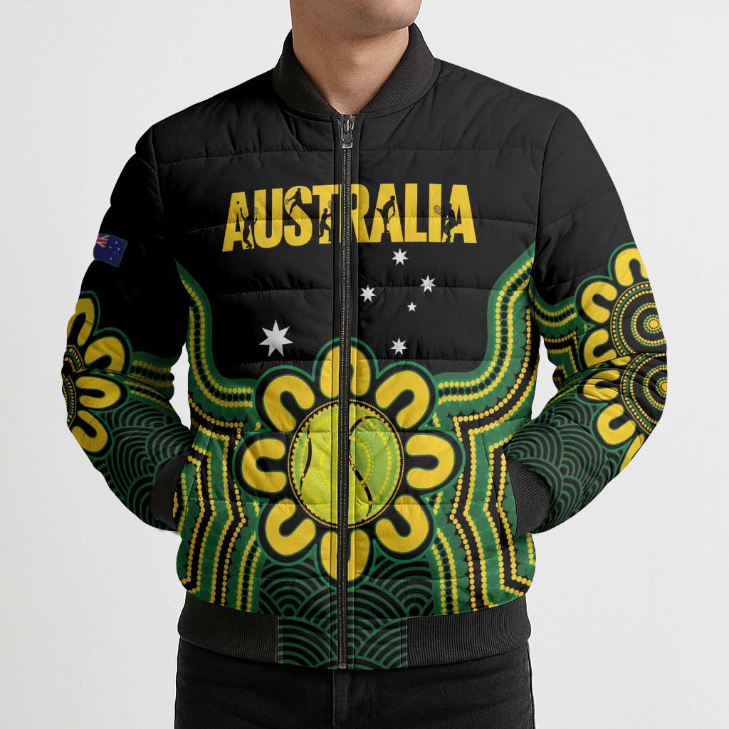 Personalised Australia Tennis Bomber Puffer Jacket Go Aussie Aboriginal Art - Aussie Hoodie