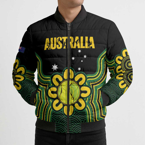 Personalised Australia Tennis Bomber Puffer Jacket Go Aussie Aboriginal Art - Aussie Hoodie