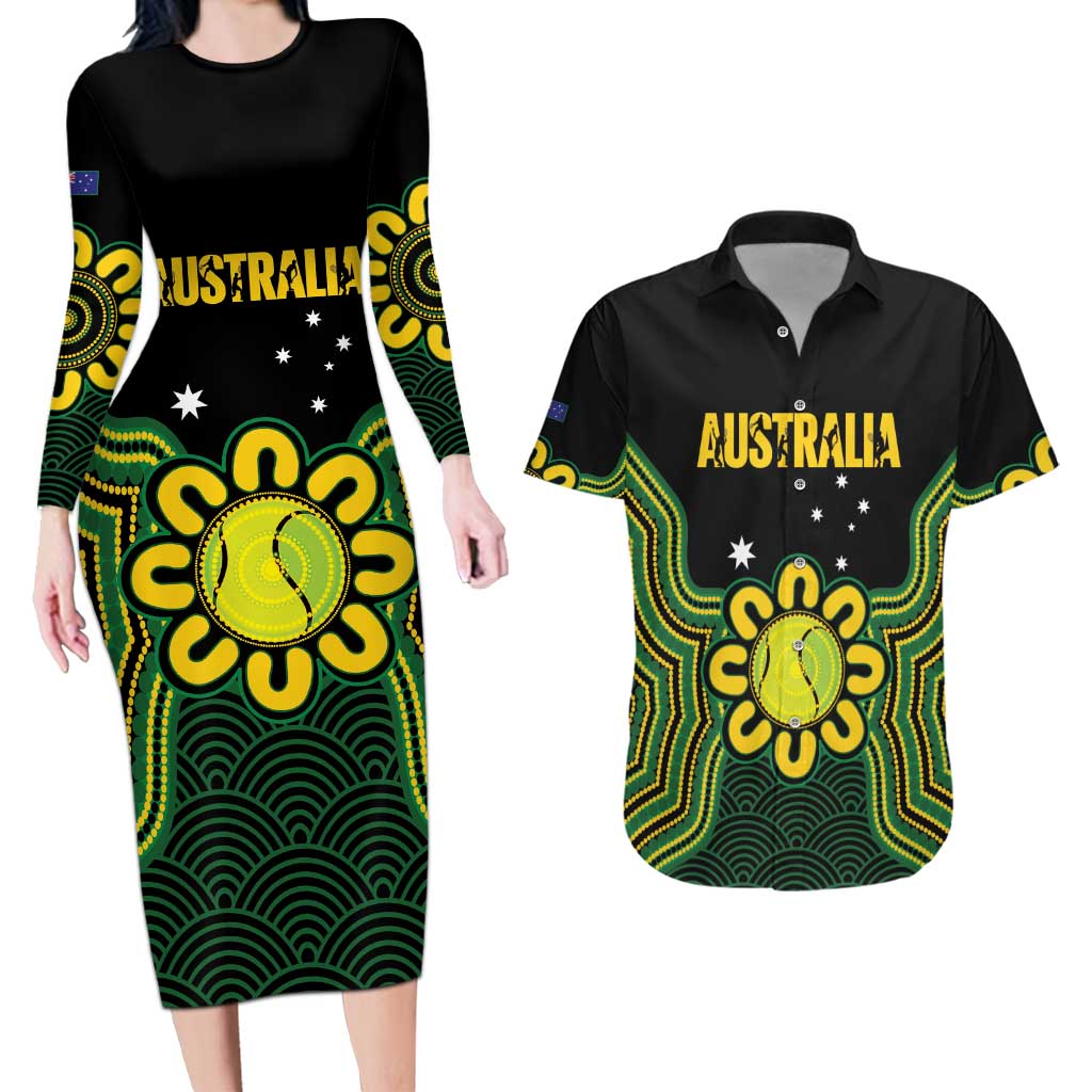 Personalised Australia Tennis Couples Matching Long Sleeve Bodycon Dress and Hawaiian Shirt Go Aussie Aboriginal Art - Aussie Hoodie