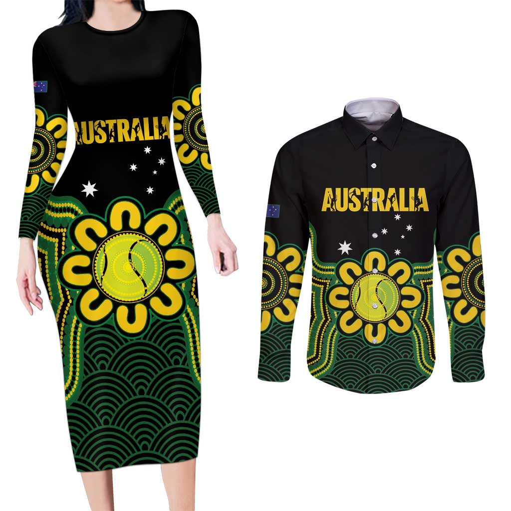 Personalised Australia Tennis Couples Matching Long Sleeve Bodycon Dress and Long Sleeve Button Shirt Go Aussie Aboriginal Art - Aussie Hoodie