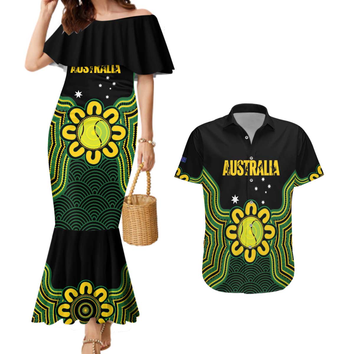 Personalised Australia Tennis Couples Matching Mermaid Dress and Hawaiian Shirt Go Aussie Aboriginal Art - Aussie Hoodie