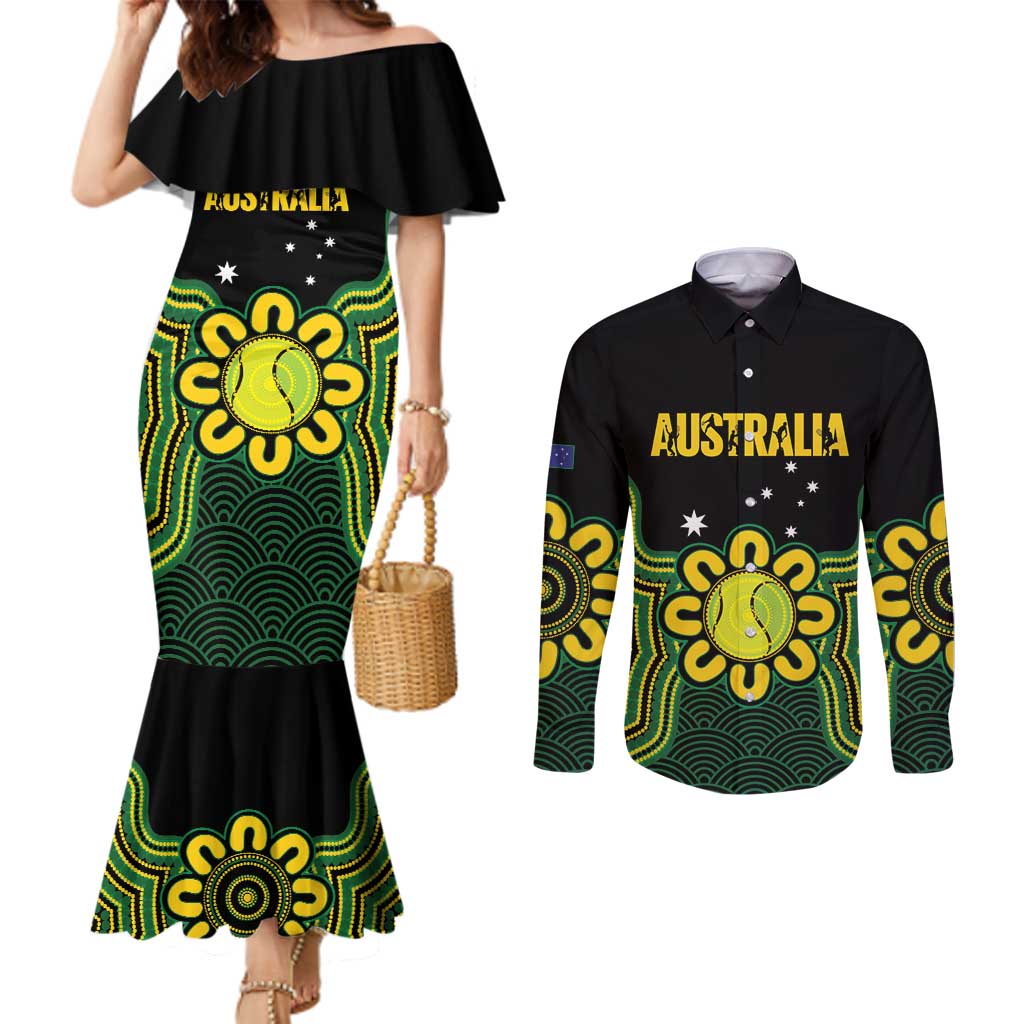 Personalised Australia Tennis Couples Matching Mermaid Dress and Long Sleeve Button Shirt Go Aussie Aboriginal Art - Aussie Hoodie