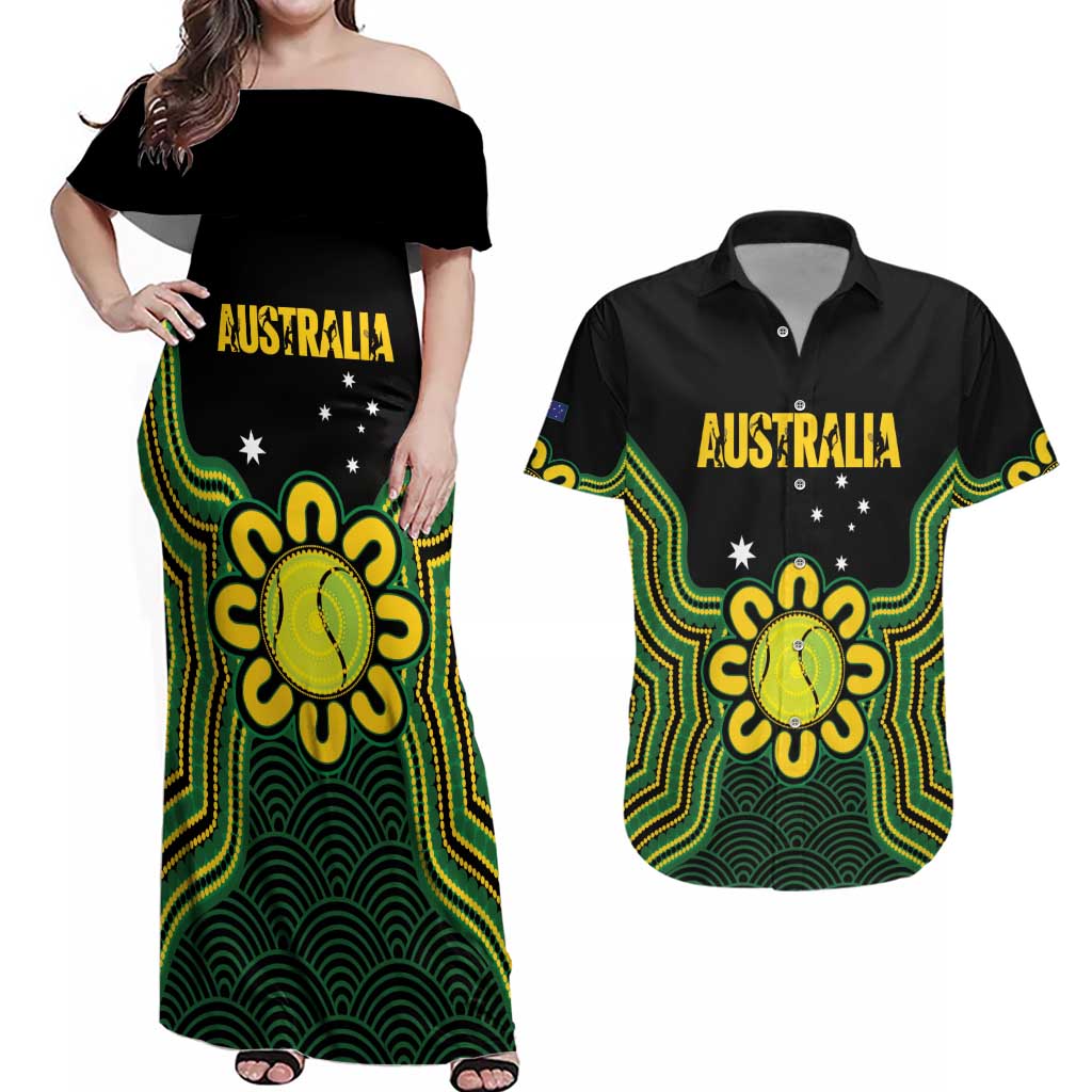 Personalised Australia Tennis Couples Matching Off Shoulder Maxi Dress and Hawaiian Shirt Go Aussie Aboriginal Art - Aussie Hoodie