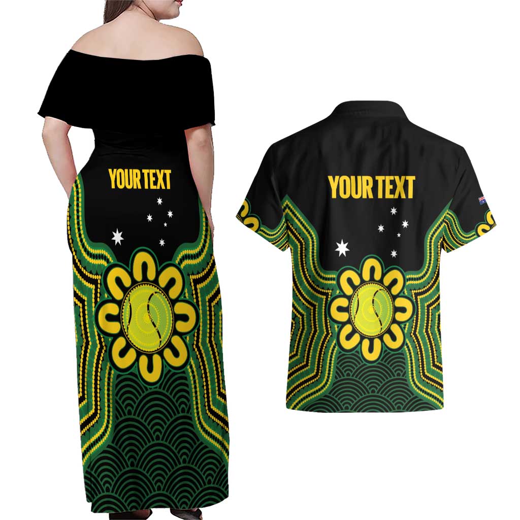 Personalised Australia Tennis Couples Matching Off Shoulder Maxi Dress and Hawaiian Shirt Go Aussie Aboriginal Art - Aussie Hoodie