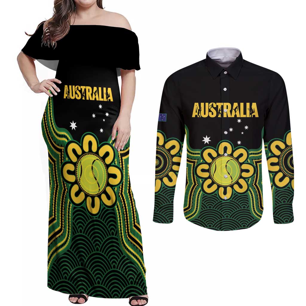 Personalised Australia Tennis Couples Matching Off Shoulder Maxi Dress and Long Sleeve Button Shirt Go Aussie Aboriginal Art - Aussie Hoodie