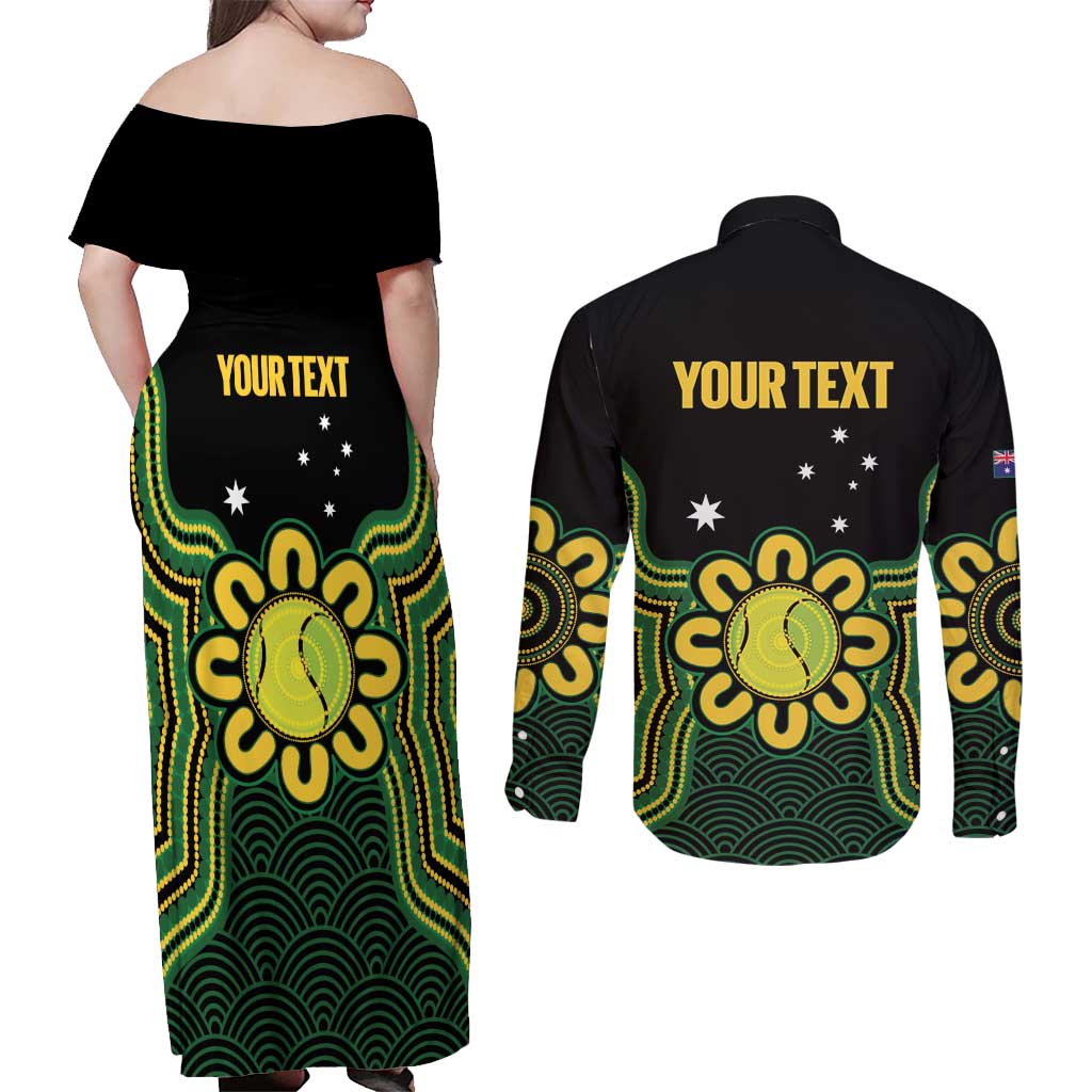 Personalised Australia Tennis Couples Matching Off Shoulder Maxi Dress and Long Sleeve Button Shirt Go Aussie Aboriginal Art - Aussie Hoodie