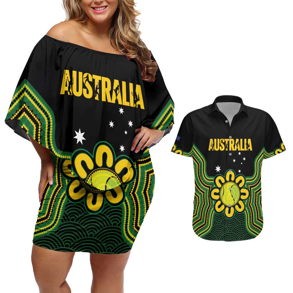 Personalised Australia Tennis Couples Matching Off Shoulder Short Dress and Hawaiian Shirt Go Aussie Aboriginal Art - Aussie Hoodie