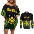 Personalised Australia Tennis Couples Matching Off Shoulder Short Dress and Long Sleeve Button Shirt Go Aussie Aboriginal Art - Aussie Hoodie