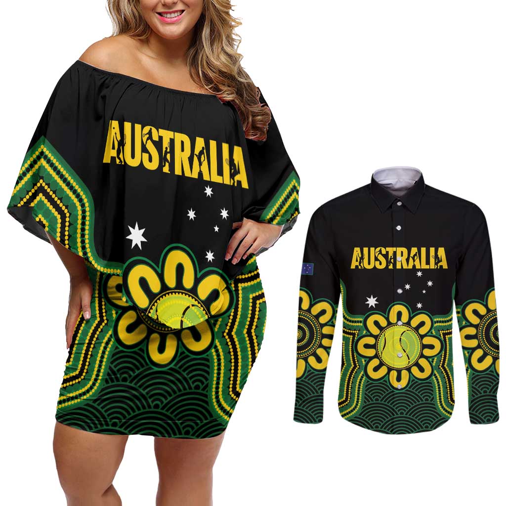 Personalised Australia Tennis Couples Matching Off Shoulder Short Dress and Long Sleeve Button Shirt Go Aussie Aboriginal Art - Aussie Hoodie