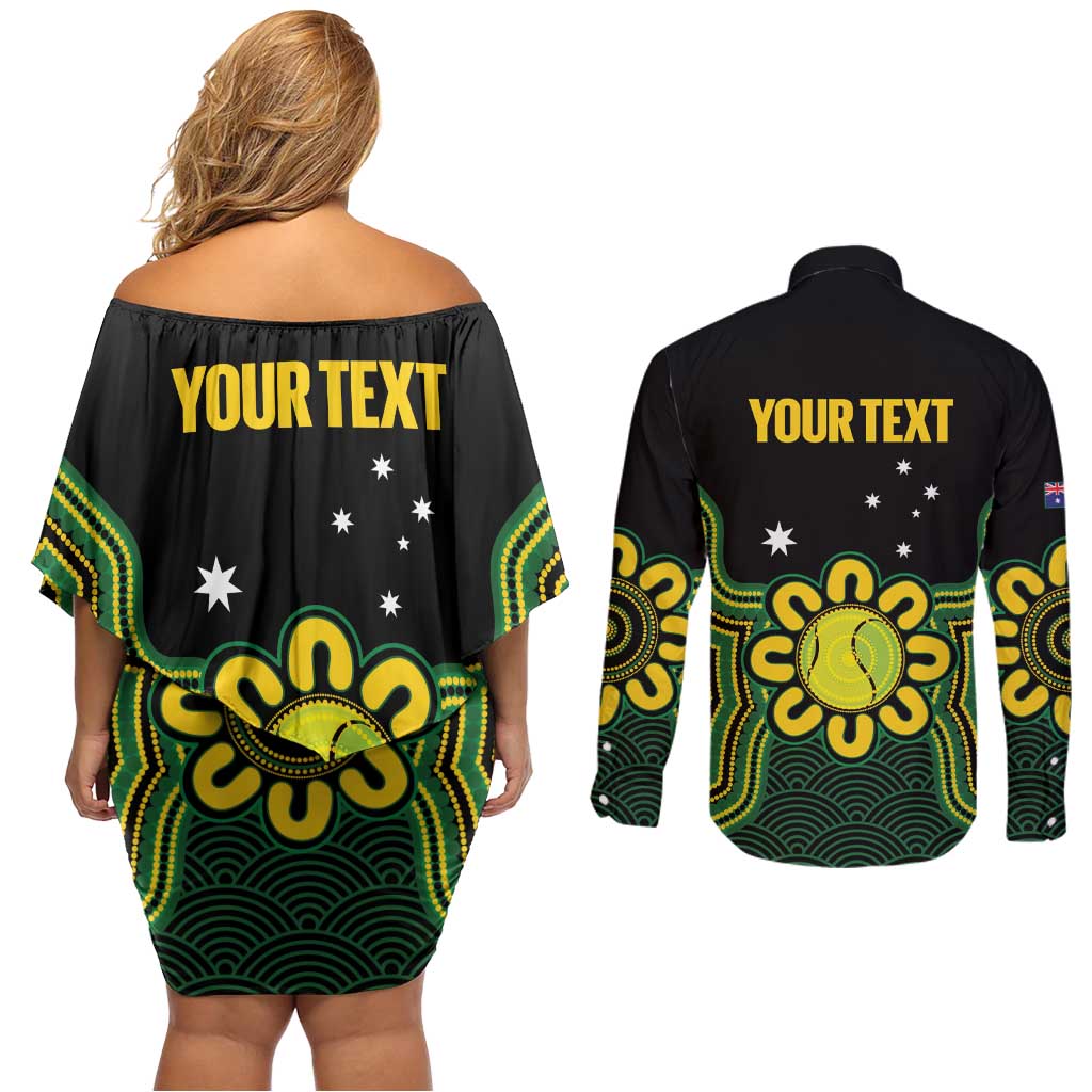 Personalised Australia Tennis Couples Matching Off Shoulder Short Dress and Long Sleeve Button Shirt Go Aussie Aboriginal Art - Aussie Hoodie