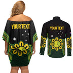 Personalised Australia Tennis Couples Matching Off Shoulder Short Dress and Long Sleeve Button Shirt Go Aussie Aboriginal Art - Aussie Hoodie
